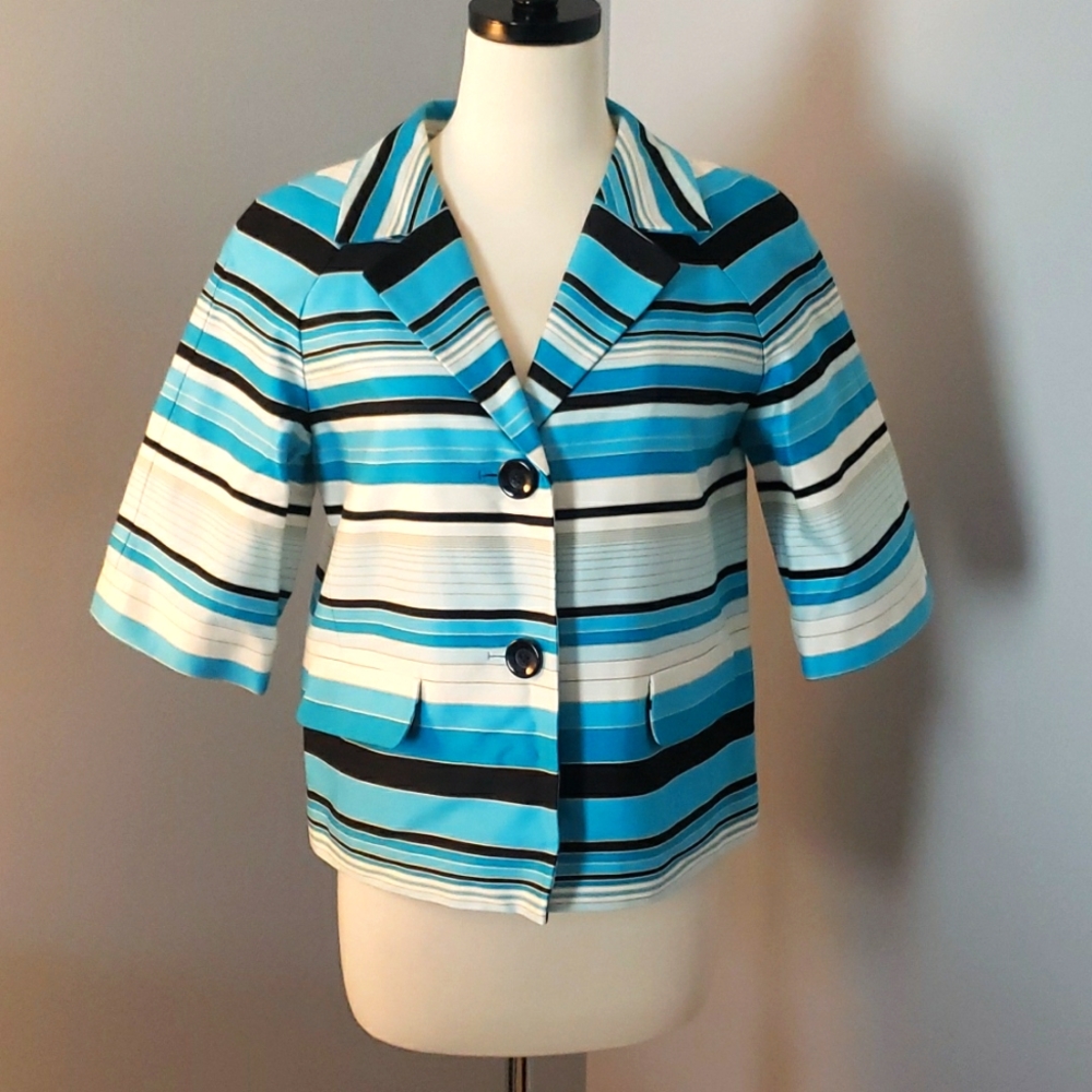 TALBOTS TURQUOISE BLUE BLACK WHITE PEACOAT BLAZER CROPPED COAT JACKET 6 P
